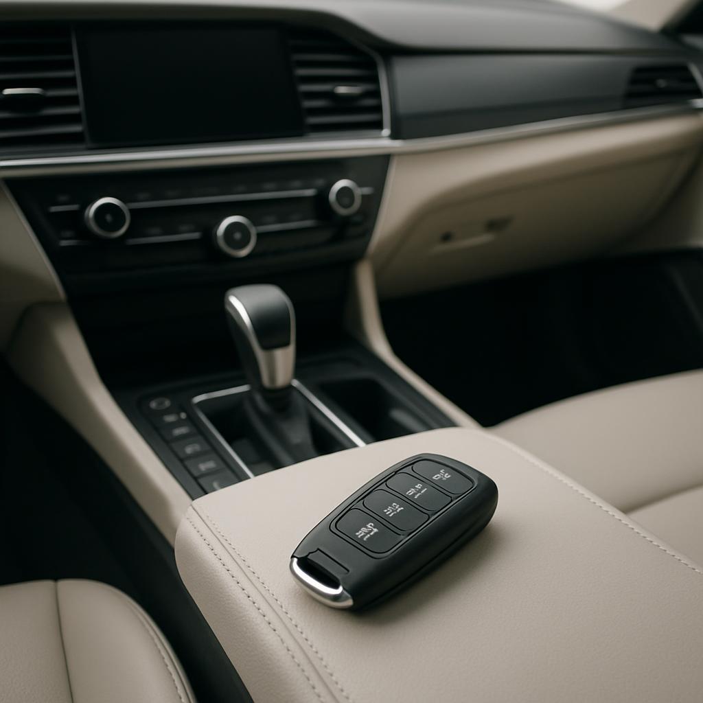 Floret-colored car interior with a remote on the passenger seat pointing to the floor in the middle of the car, showcasing...